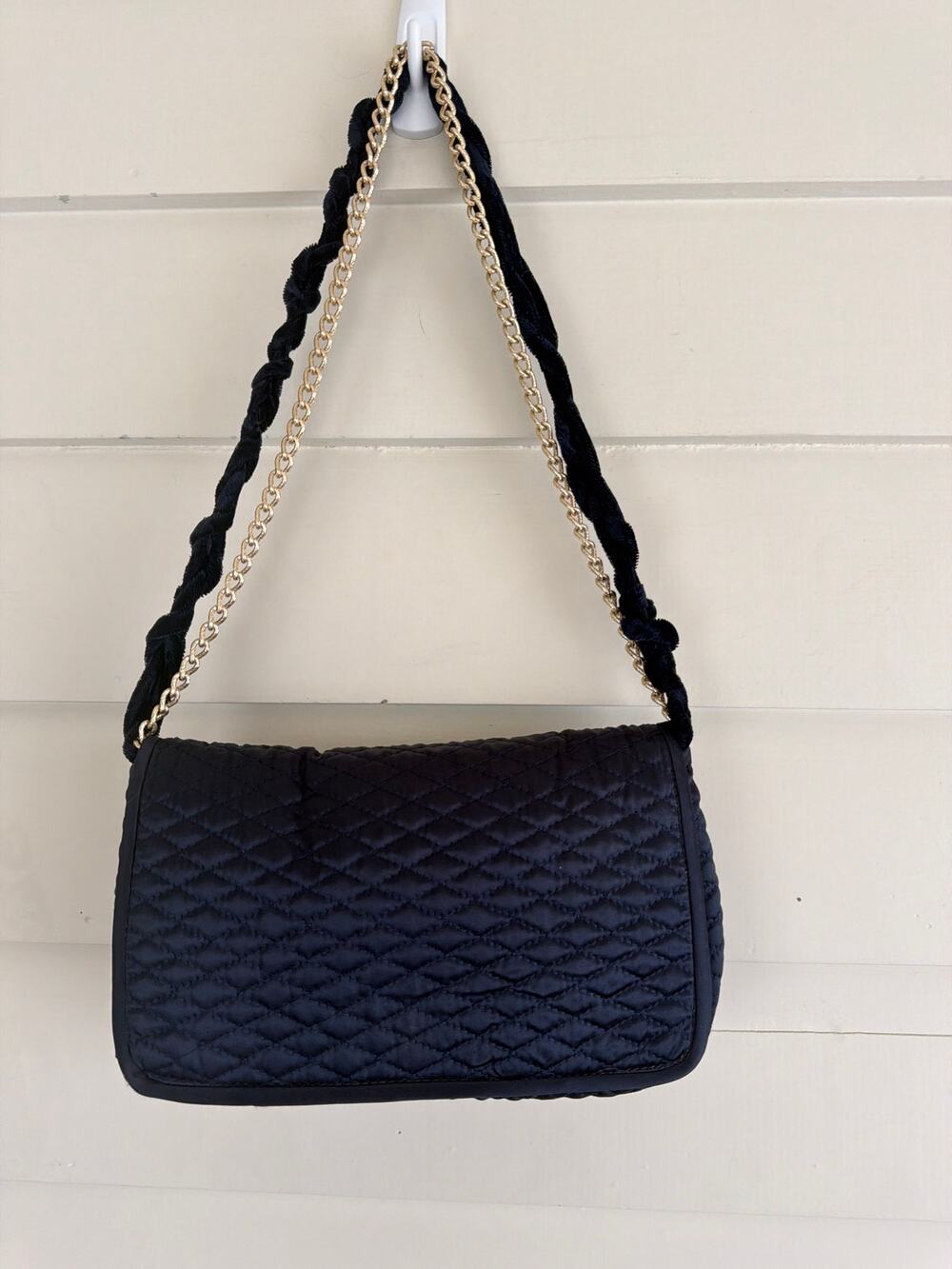 Vintage Navy Blue Quilted Silk Evening Bag Chain Braided Strap Hong Kong Chanel